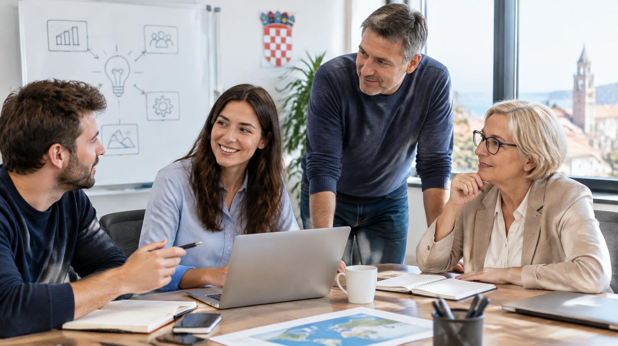 Colleagues discussing a project in a meeting room